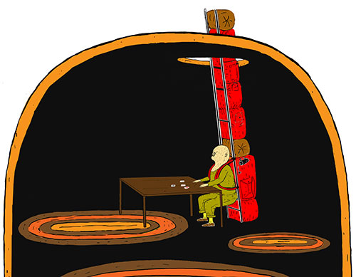 Illustration of a man playing cards with a tall red backpack